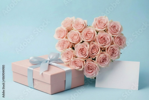 Heart shaped pink roses bouquet , gift box and greeting card blank mockup on ...
