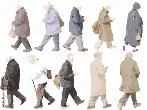 Diverse ältere Menschen in verschiedenen Gehpositionen, isoliert und transparent, ideal für architektonische Visualisierungen und Stadtlandschaften.