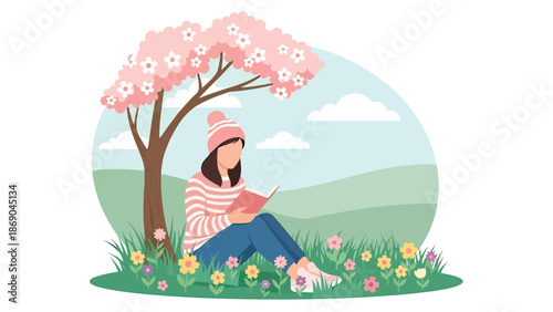 Flat vector illustration of a woman reading a book under a blossoming tree in spring, peaceful outdoor lifestyle scene with flowers and nature in solid color design