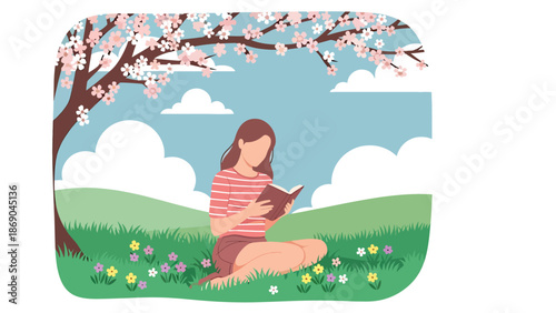 Flat vector illustration of a woman reading a book under a blossoming tree in spring, peaceful outdoor lifestyle scene with flowers and nature in solid color design