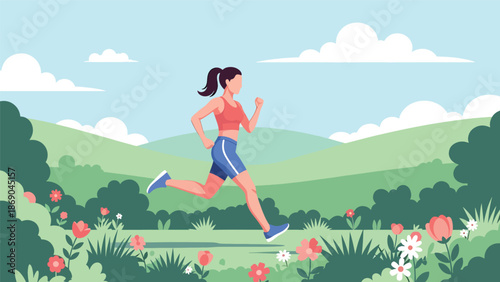 Vector illustration of a woman jogging in a spring park, healthy fitness lifestyle scene with blooming flowers, greenery, and outdoor exercise in flat solid colors