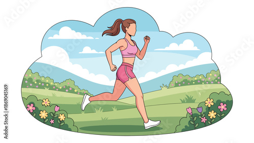 Vector illustration of a woman jogging in a spring park, healthy fitness lifestyle scene with blooming flowers, greenery, and outdoor exercise in flat solid colors