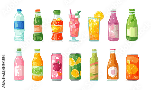 Collection variée de boissons rafraîchissantes en bouteilles et canettes, avec des liquides transparents et colorés.
