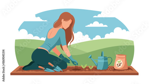 Vector illustration of a woman planting seeds in a spring garden, eco friendly lifestyle and sustainability concept with nature, growth, and outdoor activity in solid colors