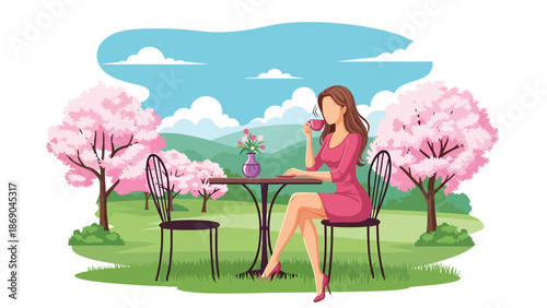 Flat vector illustration of a woman drinking coffee at an outdoor café in spring, urban lifestyle scene with flowers, relaxation, and seasonal city atmosphere