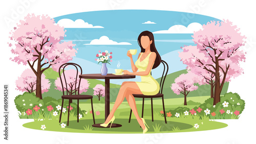 Flat vector illustration of a woman drinking coffee at an outdoor café in spring, urban lifestyle scene with flowers, relaxation, and seasonal city atmosphere