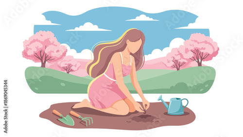 Vector illustration of a woman planting seeds in a spring garden, eco friendly lifestyle and sustainability concept with nature, growth, and outdoor activity in solid colors