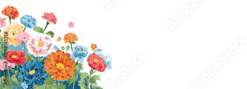 Bunte Blumenillustration im Aquarellstil, ideal als dekorativer Designhintergrund mit viel Raum für Text oder Grafiken.