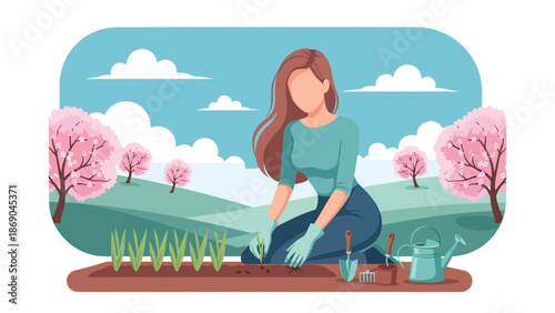 Vector illustration of a woman planting seeds in a spring garden, eco friendly lifestyle and sustainability concept with nature, growth, and outdoor activity in solid colors