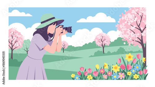 Flat vector illustration of a woman photographing spring flowers in a park, creative outdoor lifestyle scene with blooming nature, hobby photography, and seasonal atmosphere