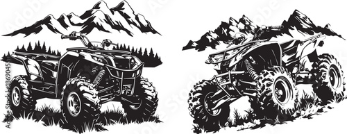 Quad Bike Adventure: Illustration showcasing an all-terrain vehicle navigating challenging terrains amidst majestic mountains.