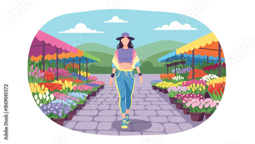 Vector illustration of a woman shopping at a spring flower market, urban lifestyle scene with colorful plants, fresh blooms, and seasonal outdoor activity in flat colors