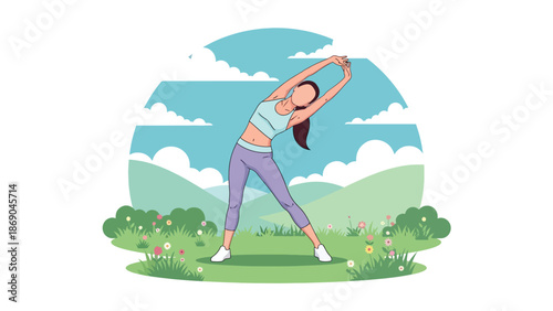 Flat vector illustration of a woman stretching outdoors in spring, morning wellness routine in a park with fresh grass, flowers, and healthy lifestyle atmosphere
