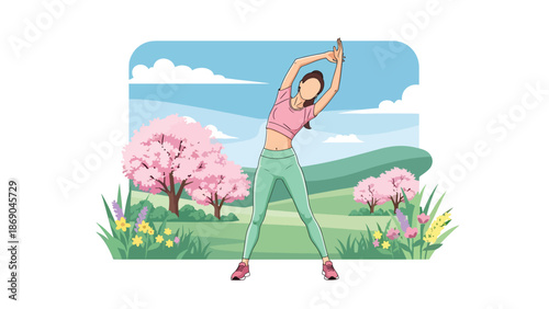 Flat vector illustration of a woman stretching outdoors in spring, morning wellness routine in a park with fresh grass, flowers, and healthy lifestyle atmosphere