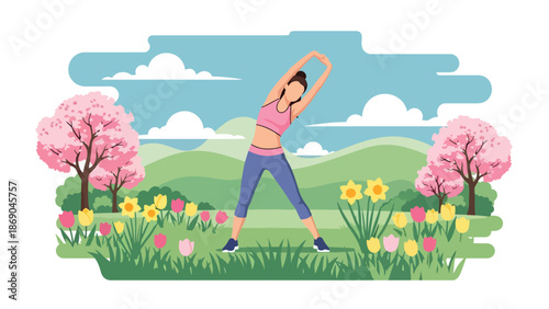 Flat vector illustration of a woman stretching outdoors in spring, morning wellness routine in a park with fresh grass, flowers, and healthy lifestyle atmosphere