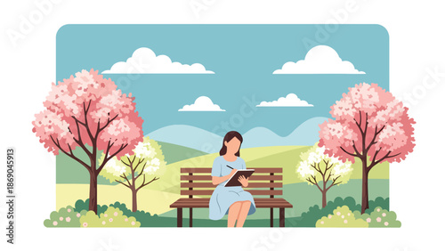 Flat vector illustration of a woman sketching nature in spring, creative outdoor lifestyle scene with blooming trees, calm mood, and artistic inspiration