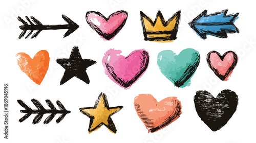 Handgezeichnete Kritzel-Icons mit Herzen, Sternen, Pfeilen und Krone im Kreide-Stil, ideal für transparente Hintergründe und kreative Designs.