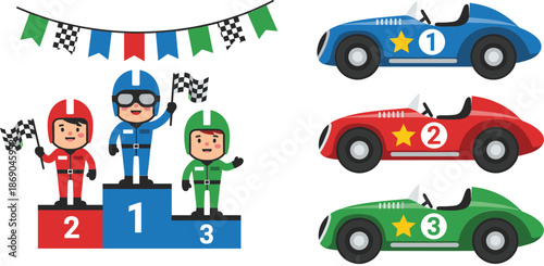 Kids car racing winners podium with race cars flags and drivers cartoon vector illustration