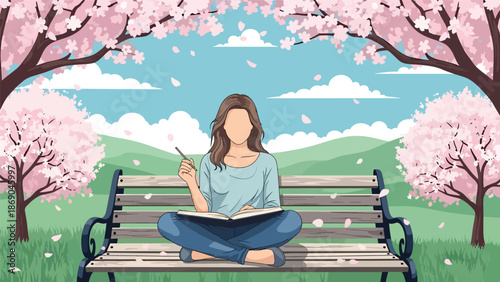 Flat vector illustration of a woman sketching nature in spring, creative outdoor lifestyle scene with blooming trees, calm mood, and artistic inspiration