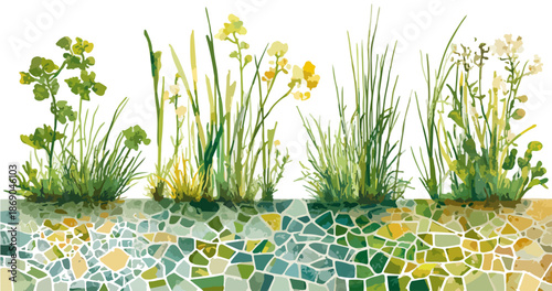 Transparente Aquarellillustration von grünen Pflanzen und Wildblumen, die aus einem farbigen Mosaik-Erdreich wachsen, ideal für ökologische Designs und Frühlingskonzepte.