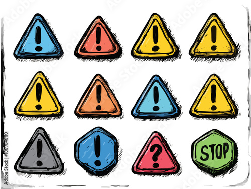 Collection de panneaux d'avertissement dessinés à la main, symboles de danger et d'attention dans un style esquissé pour la sécurité.