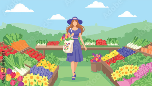 Vector illustration of a woman shopping at a farmers market in spring, healthy lifestyle concept with fresh produce, flowers, and eco friendly outdoor scene