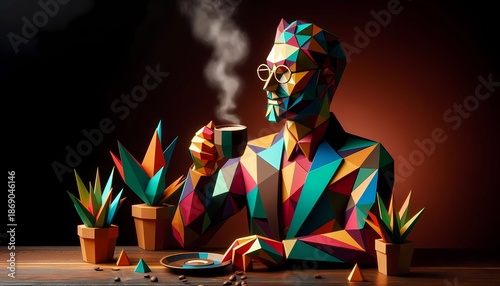 A geometric man wearing glasses made of triangles is drinking coffee indoors. The background is dark and the image is colorful. There are few plants around.