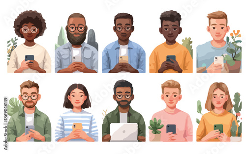 Moderne Illustration: Diverse junge Menschen nutzen Smartphones und Laptops für digitale Kommunikation und Online-Verbindung in einer globalen Welt.