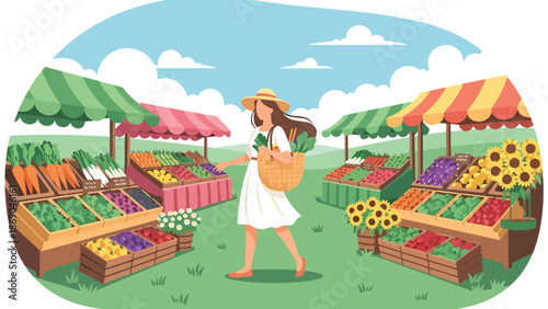 Vector illustration of a woman shopping at a farmers market in spring, healthy lifestyle concept with fresh produce, flowers, and eco friendly outdoor scene