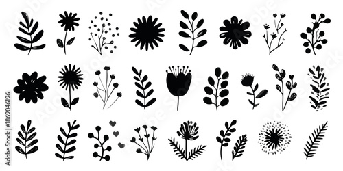 Collection d'éléments floraux et botaniques dessinés à la main, silhouettes noires transparentes pour le design graphique.