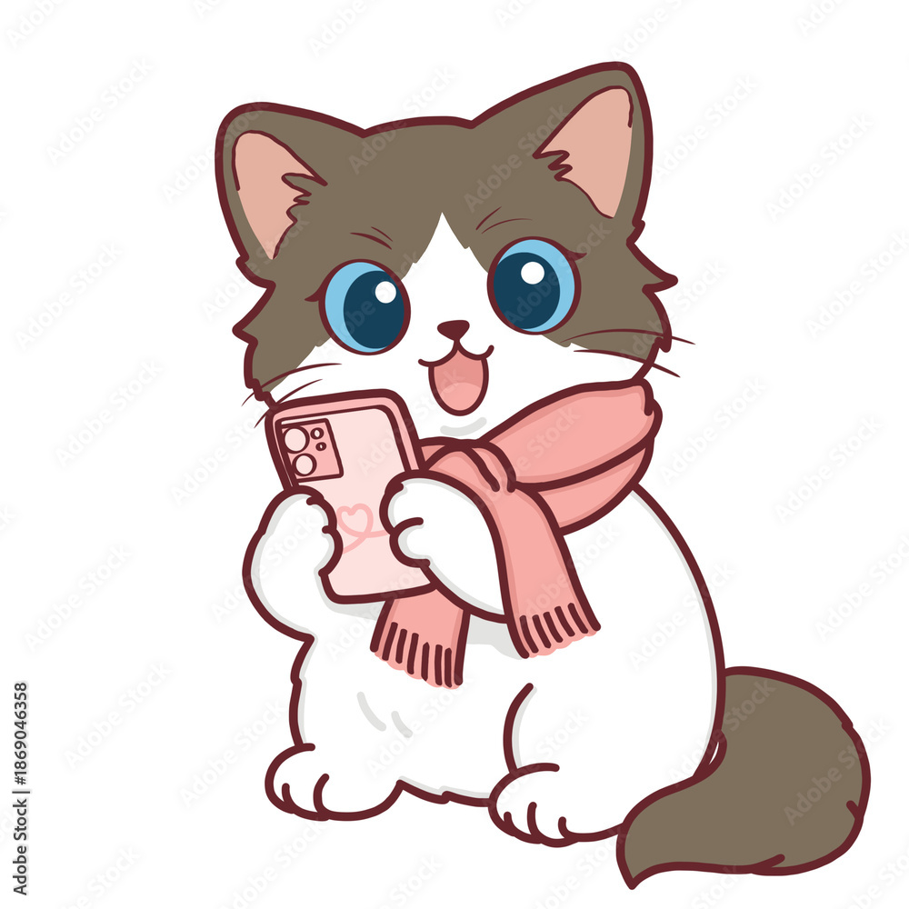 Obraz premium Ragdoll cat wearing pink scarf holding a smartphone with heart design