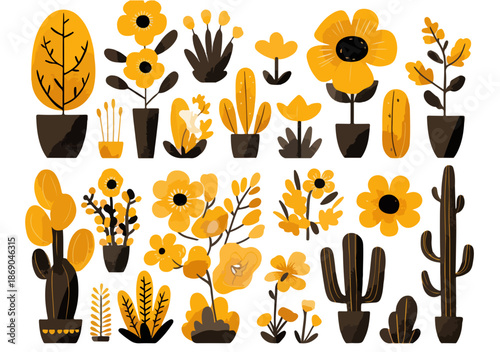 Sammlung stilisierter gelber und schwarzer Topfpflanzen und Blumen, isoliert auf transparentem Hintergrund, ideal für Grafikdesign und Dekoration.