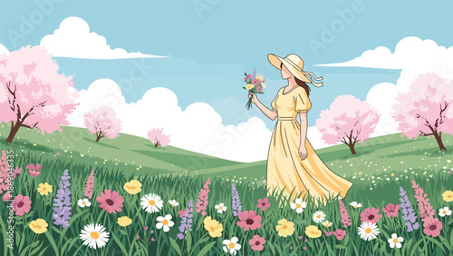 Flat vector illustration of a woman walking in the countryside during spring, peaceful rural lifestyle scene with hills, wildflowers, and natural seasonal beauty