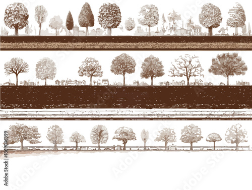 Collection d'arbres stylisés et dessinés à la main, parfaits comme éléments graphiques ou bordures pour des designs naturels et transparents.