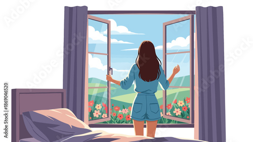 Flat vector illustration of a woman opening a window on a spring morning, fresh air lifestyle scene with flowers, sunlight, and seasonal home comfort