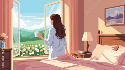Flat vector illustration of a woman opening a window on a spring morning, fresh air lifestyle scene with flowers, sunlight, and seasonal home comfort