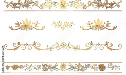 Éléments décoratifs vectoriels transparents de style vintage avec des bordures ornées dorées et des motifs floraux élégants pour le design graphique.