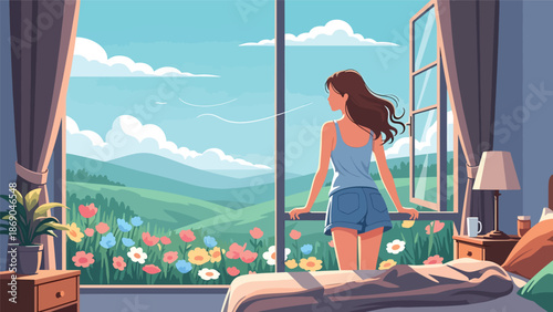 Flat vector illustration of a woman opening a window on a spring morning, fresh air lifestyle scene with flowers, sunlight, and seasonal home comfort