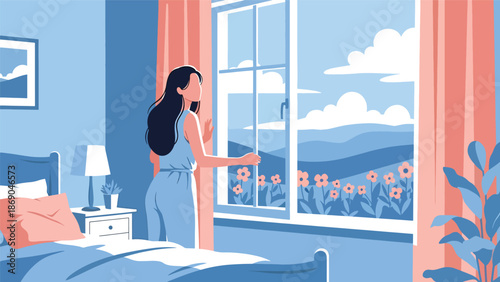 Flat vector illustration of a woman opening a window on a spring morning, fresh air lifestyle scene with flowers, sunlight, and seasonal home comfort