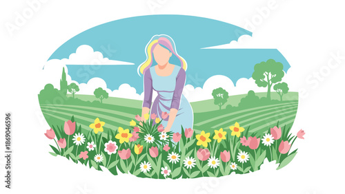 Vector illustration of a woman harvesting flowers in a spring field, rural outdoor lifestyle scene with blooming plants and natural seasonal beauty