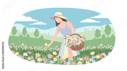Vector illustration of a woman harvesting flowers in a spring field, rural outdoor lifestyle scene with blooming plants and natural seasonal beauty