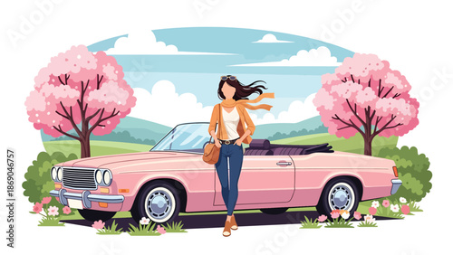 Flat vector illustration of a woman on a spring road trip, travel lifestyle scene with car, blooming trees, and freedom themed seasonal adventure