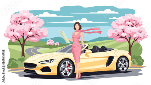 Flat vector illustration of a woman on a spring road trip, travel lifestyle scene with car, blooming trees, and freedom themed seasonal adventure