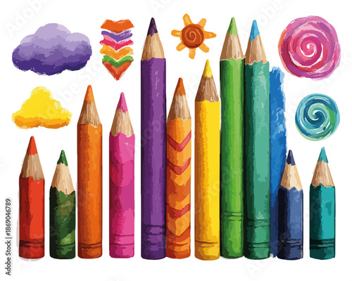 Bunte Aquarell-Bleistifte und kreative Formen, ideal für Bildung, Kunstprojekte und Design auf transparentem Hintergrund.