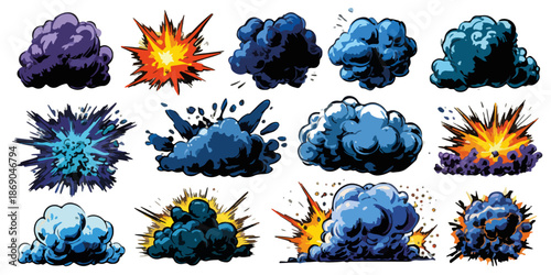 Sammlung von Comic-Explosionen und Rauchwolken, ideal für Gaming, Animation und visuelle Effekte mit transparentem Hintergrund.