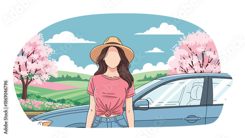 Flat vector illustration of a woman on a spring road trip, travel lifestyle scene with car, blooming trees, and freedom themed seasonal adventure