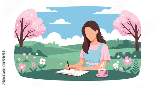 Vector illustration of a woman journaling outdoors in spring, peaceful creative lifestyle scene with notebook, coffee, flowers, and calm nature background
