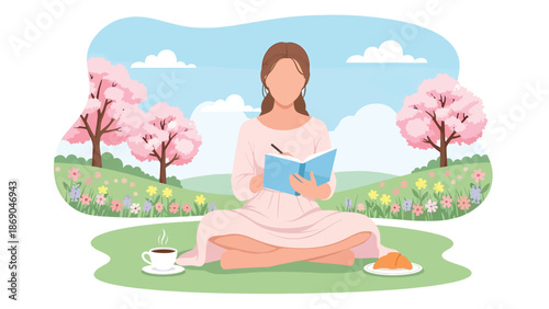 Vector illustration of a woman journaling outdoors in spring, peaceful creative lifestyle scene with notebook, coffee, flowers, and calm nature background