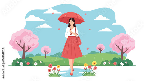 Flat vector illustration of a woman enjoying spring rain with an umbrella, cheerful lifestyle scene with flowers, puddles, and seasonal weather mood