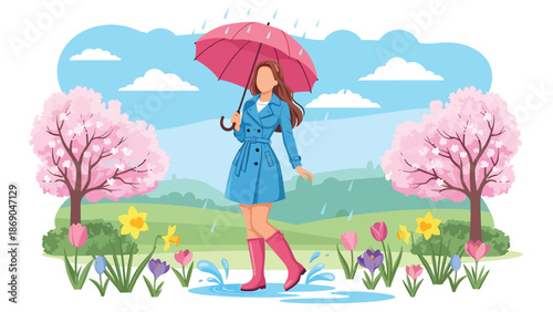 Flat vector illustration of a woman enjoying spring rain with an umbrella, cheerful lifestyle scene with flowers, puddles, and seasonal weather mood